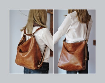 Ladies leather backpack, tan convertible shoulder bag, crossbody hobo bag