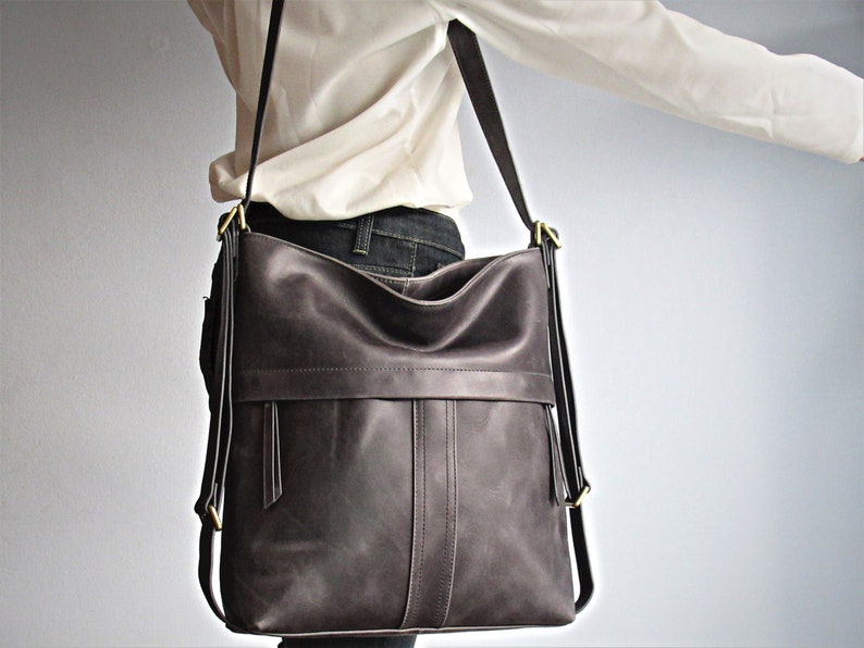 Grey leather shoulder bag convertible backpack, distressed leather purse image 2