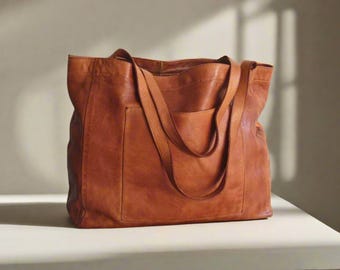 May include: A large, structured tote bag crafted from smooth, warm brown leather. The bag features two long shoulder straps, a spacious main compartment, and a prominent rectangular exterior pocket centered on the front panel with visible stitching.