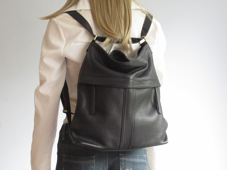 Black backpack, leather convertible shoulder bag with backpack function image 1