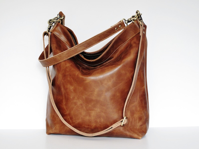 Cognac leather shoulder bag with crossbody strap, large purse image 3