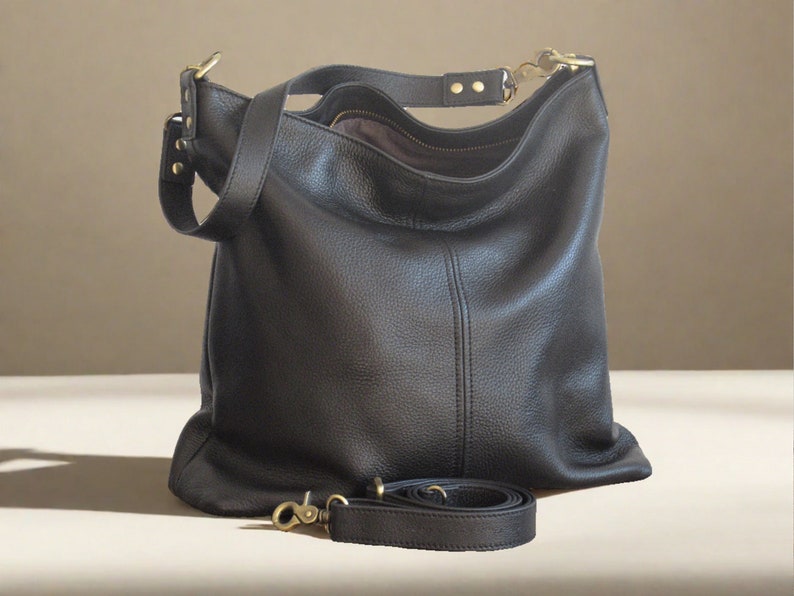 Black leather shoulder bag, small tote, leather hobo purse, zipper top image 1