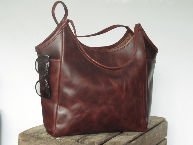 Sac en cuir marron, sac à bandoulière en cuir, cabas en cuir avec poches, sac à main en cuir pour femme, sac en cuir vieilli image 6