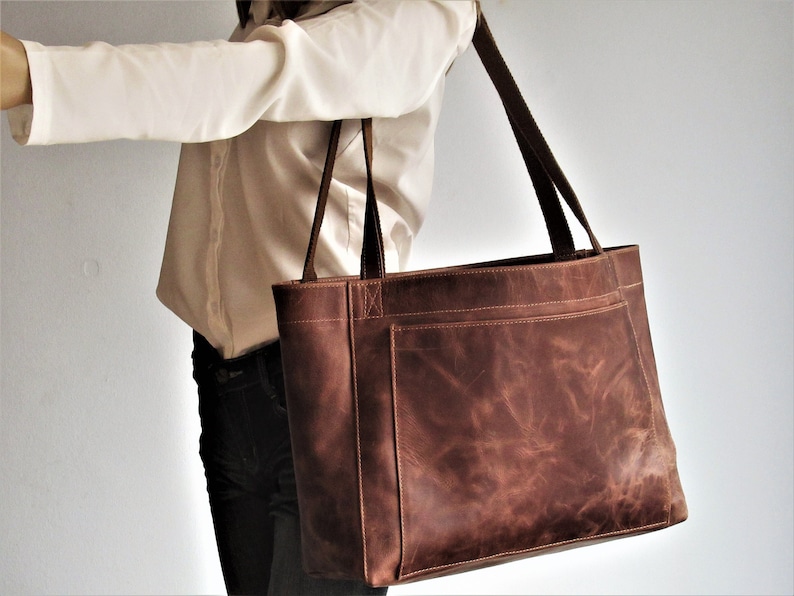 Large leather tote bag, laptop bag, large shoulder bag image 2