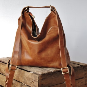 Sac à dos en cuir pour femme, sac à bandoulière convertible marron clair, sac hobo image 7