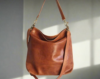 Leather hobo bag, large tan purse with crossbody strap