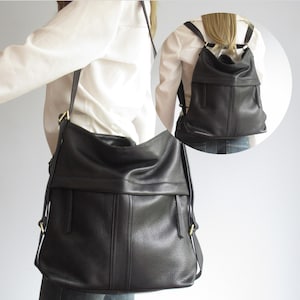 Wandelbarer Lederrucksack - 3-Wege-Slouchy-Beutel, weiches gekrispeltes Leder, schwarze Crossbody- oder Schultertasche