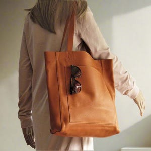 Sac fourre-tout en cuir marron clair - Sac à bandoulière en cuir de vachette souple avec poche, sac cabas léger ou cartable