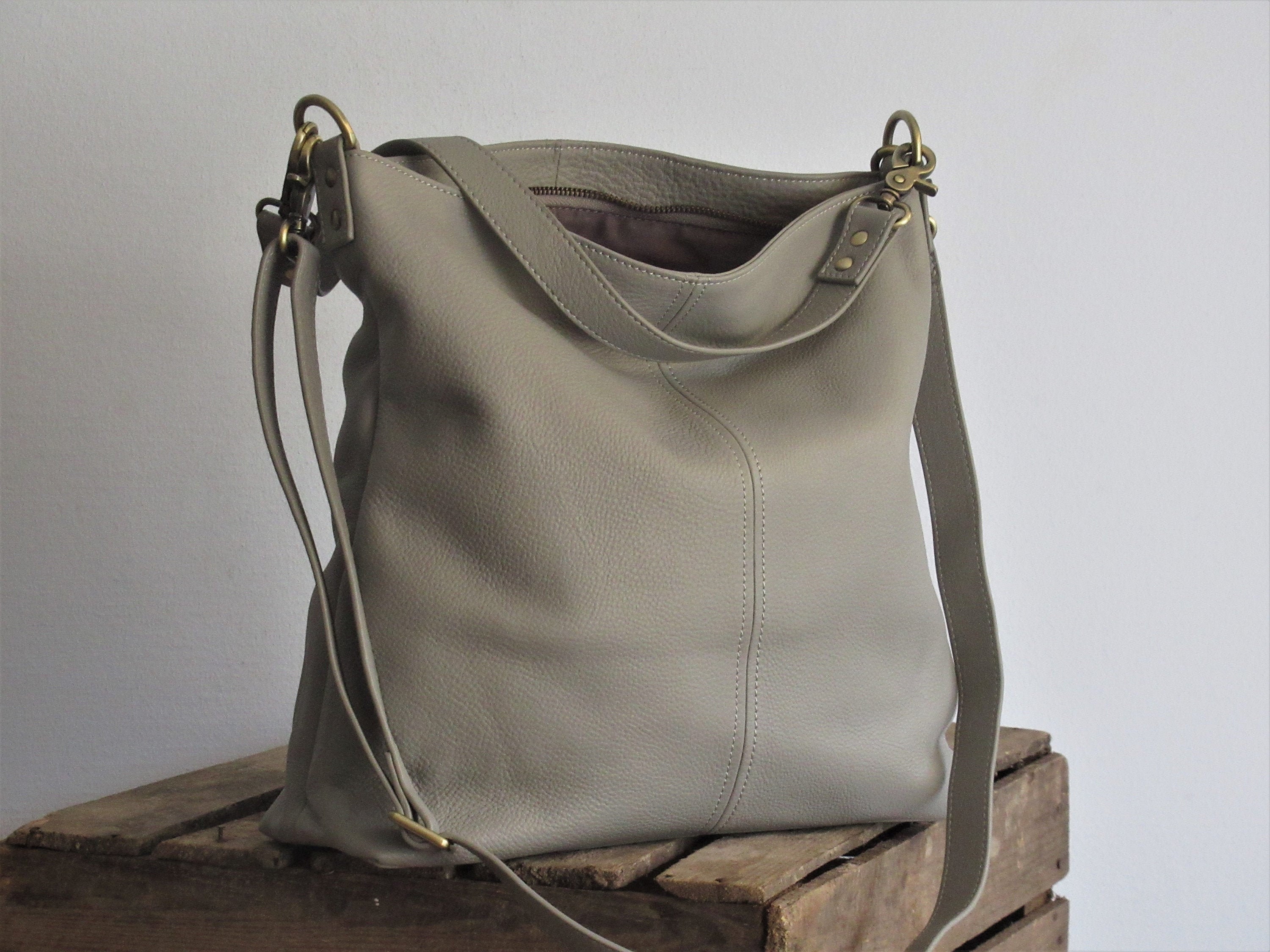 Grey Leather Shoulder Bag Small Slouchy Purse Lightweight Etsy