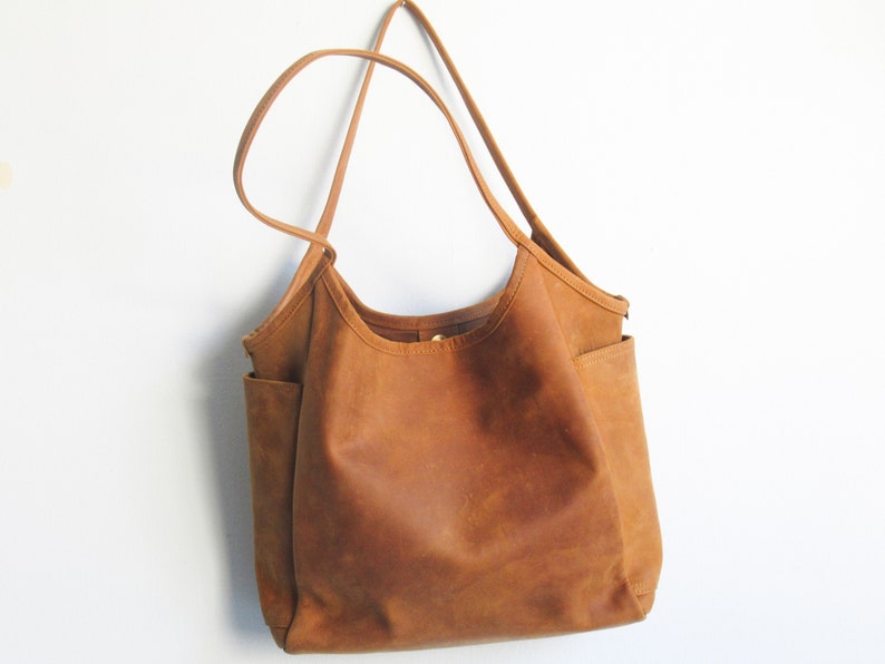 Leather tote bag woman, camel shoulder bag, leather purse image 4