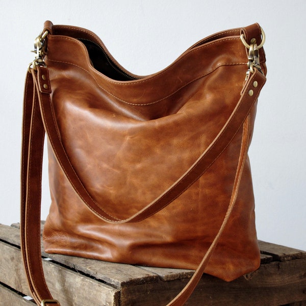 Borsa hobo in pelle marrone chiaro, borsa grande da donna, borsa tote con tracolla