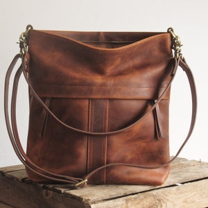 Bruine leren schoudertas, crossbody tas, bruine handtas afbeelding 6