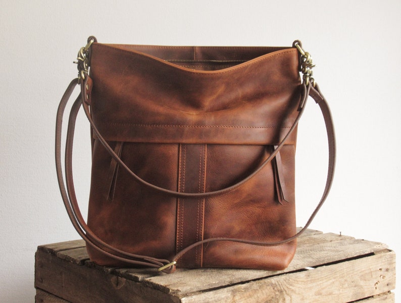 Bruine leren schoudertas, crossbody tas, bruine handtas afbeelding 6