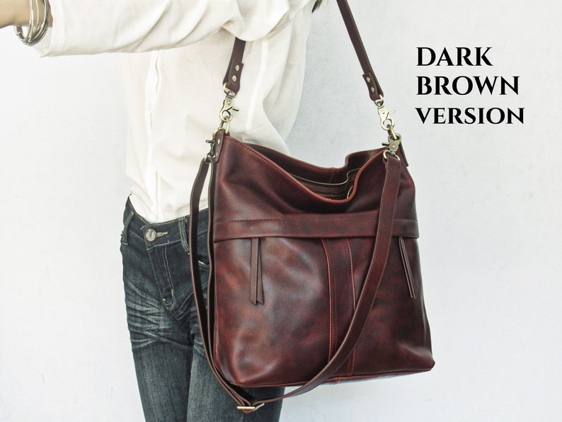 Bolso de hombro de cuero bronceado, bolso bandolera, bolso bronceado Dark Brown