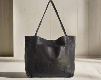 Black leather shopper, laptop tote bag, large market bag