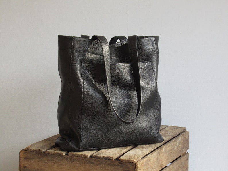 Porte-monnaie en cuir noir, sac cabas, cartable, sac à bandoulière souple image 3