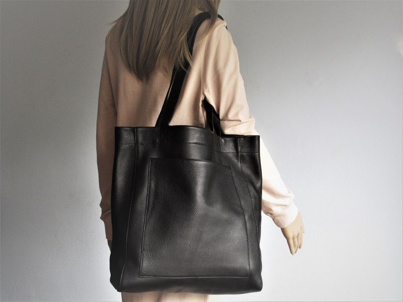 Black Leather Purse, Shopper Tote Bag, Book Bag, Soft Shoulder Bag image 2