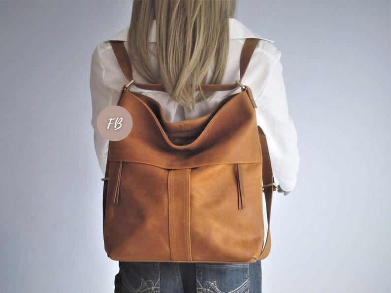 Camel leather convertible backpack, multifunctional bag, diaper shoulder bag image 4