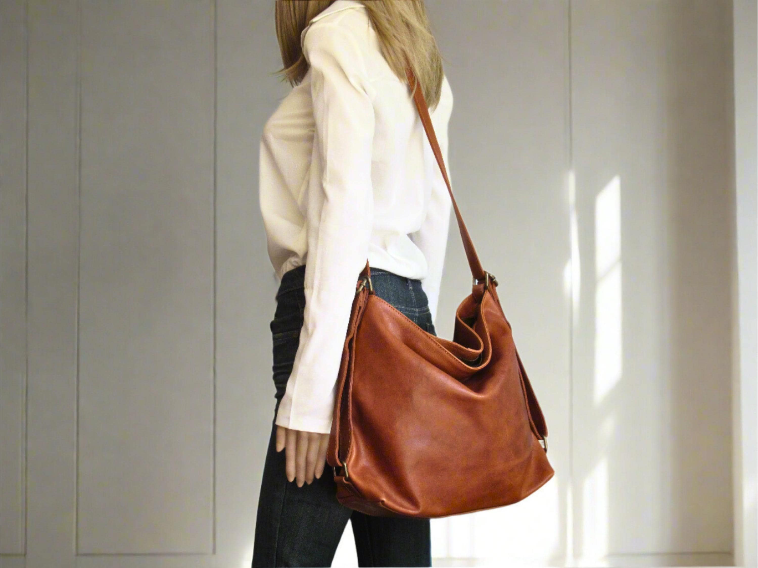 Convertible Tan Leather Backpack – 3-way Soft Crossbody  display picture 2