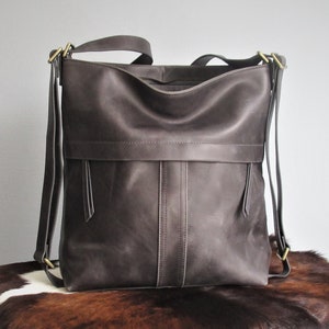 Grey leather shoulder bag convertible backpack, distressed leather purse image 5