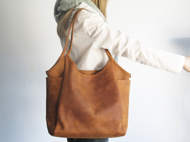 Leather tote bag woman, camel shoulder bag, leather purse image 1