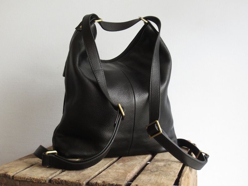 Black backpack, leather convertible shoulder bag with backpack function image 6