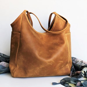 Leather tote bag woman, camel shoulder bag, leather purse image 3