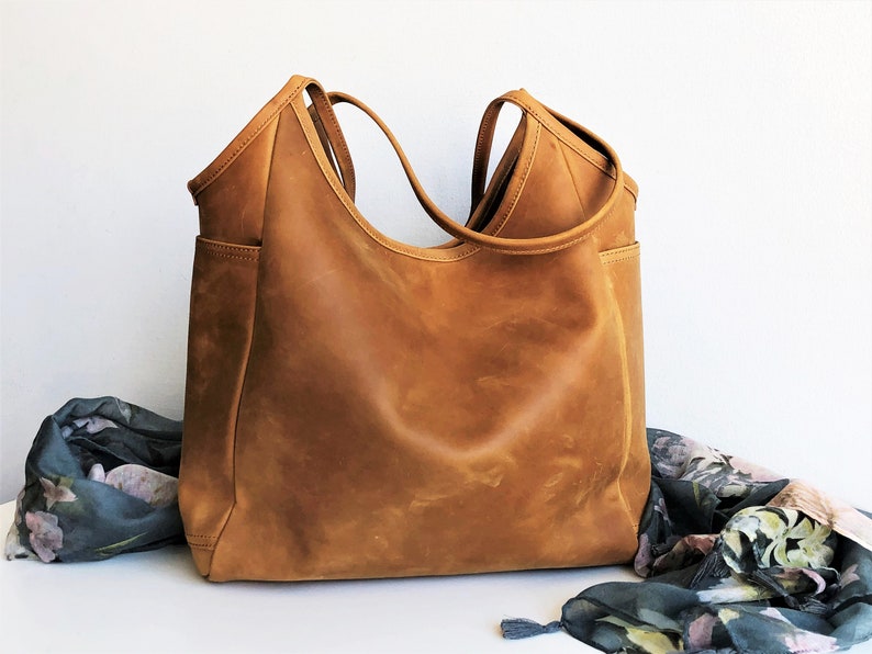 Leather tote bag woman, camel shoulder bag, leather purse image 3