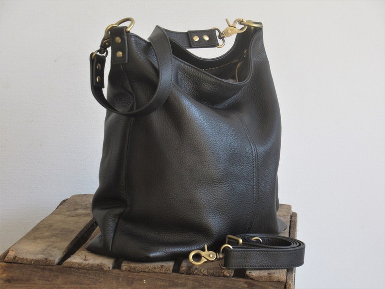 Black leather shoulder bag, small tote, leather hobo purse, zipper top image 3