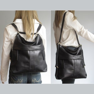 Black leather convertible backpack, shoulder bag, crossbody purse, diaper bag, hobo