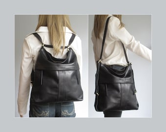 Black leather convertible backpack, shoulder bag, crossbody purse, diaper bag, hobo