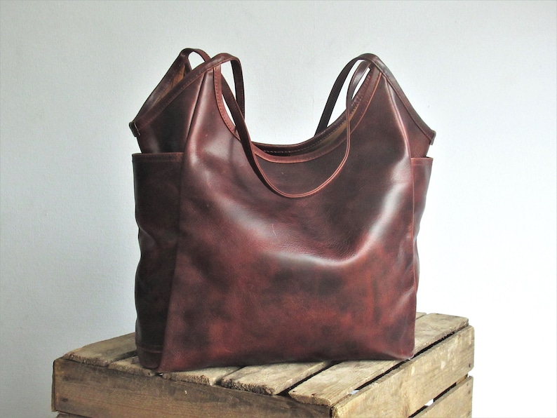 Sac en cuir marron, sac à bandoulière en cuir, cabas en cuir avec poches, sac à main en cuir pour femme, sac en cuir vieilli image 3