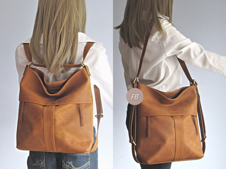 Camel leather convertible backpack, multifunctional bag, diaper shoulder bag image 2
