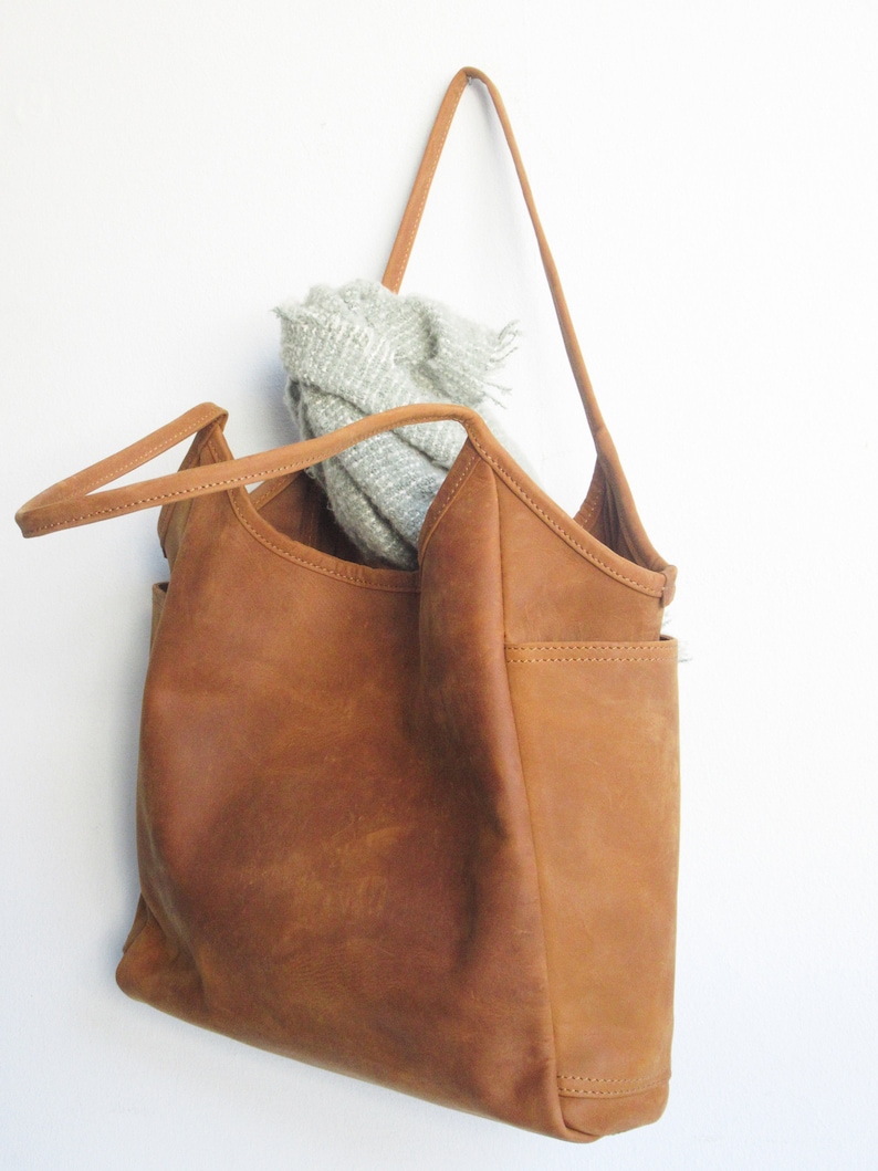 Leather tote bag woman, camel shoulder bag, leather purse image 6