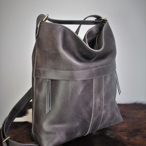 Grey leather shoulder bag convertible backpack, distressed leather purse image 4
