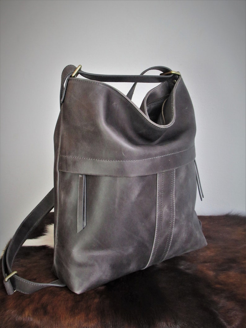 Grey leather shoulder bag convertible backpack, distressed leather purse image 4