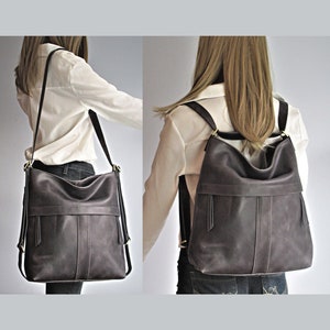 Grey convertible leather backpack, shoulder bag, crossbody purse, hobo