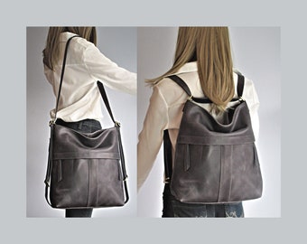 Grey convertible leather backpack, shoulder bag, crossbody purse, hobo