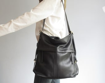 Convertible leather backpack, black shoulder bag with double function