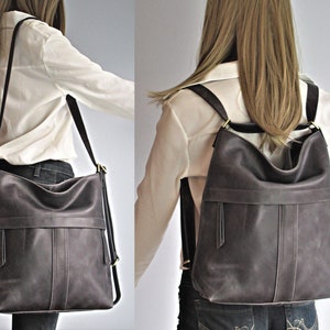 Grey leather shoulder bag convertible backpack, distressed leather purse image 3