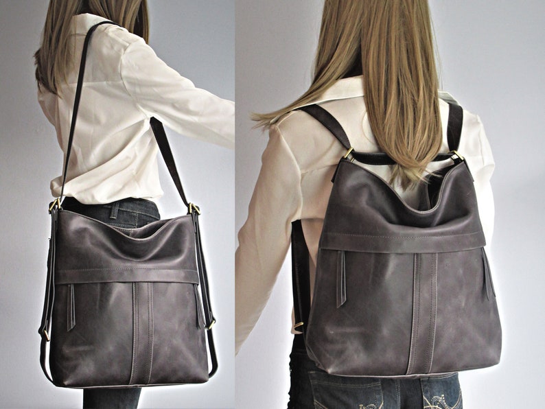 Grey leather shoulder bag convertible backpack, distressed leather purse image 3