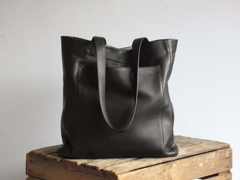 Black Leather Purse, Shopper Tote Bag, Book Bag, Soft Shoulder Bag image 1