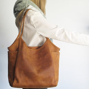 Leather tote bag woman, camel shoulder bag, leather purse image 7