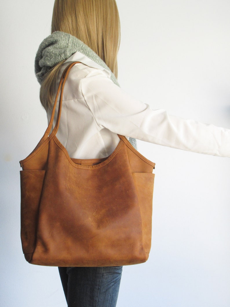 Leather tote bag woman, camel shoulder bag, leather purse image 7