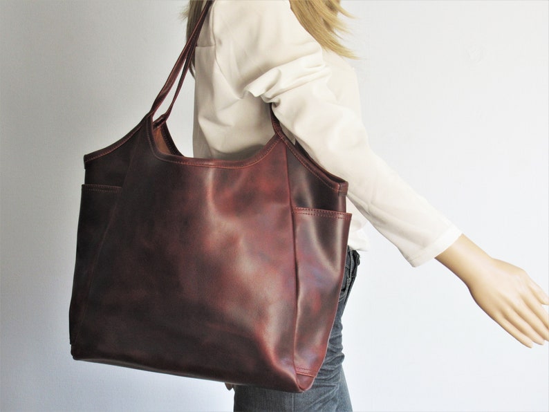 Brown leather bag, shoulder bag leather, leather tote with pockets, leather purse woman, distressed leather bag image 4