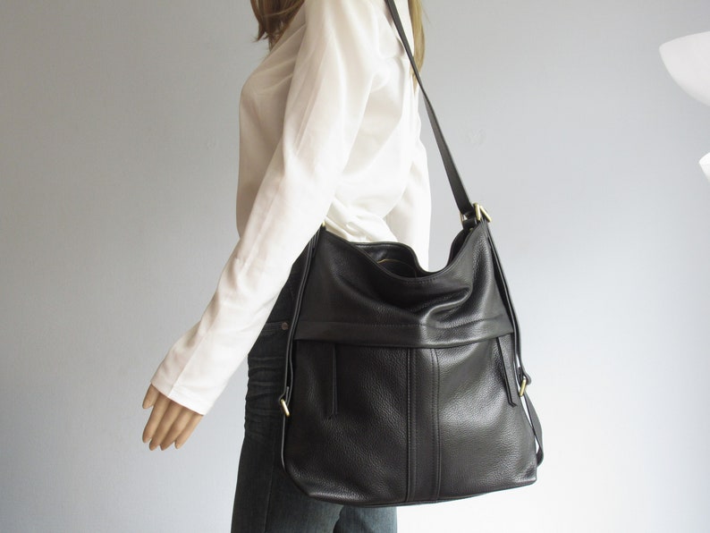 Black backpack, leather convertible shoulder bag with backpack function image 9