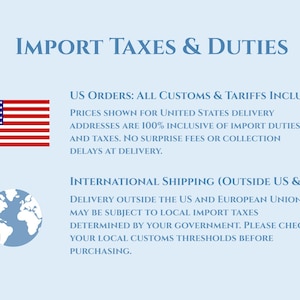 May include: A light blue informational graphic titled Import Taxes & Duties. It features a United States flag icon next to text regarding US customs and tariffs, and a globe icon next to text regarding international shipping outside the US and EU.