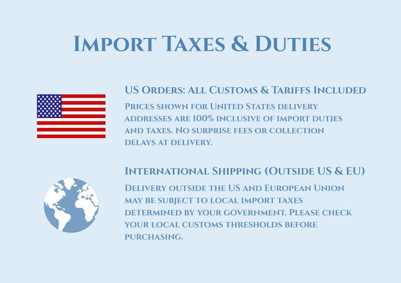 May include: A light blue informational graphic titled Import Taxes & Duties. It features a United States flag icon next to text regarding US customs and tariffs, and a globe icon next to text regarding international shipping outside the US and EU.