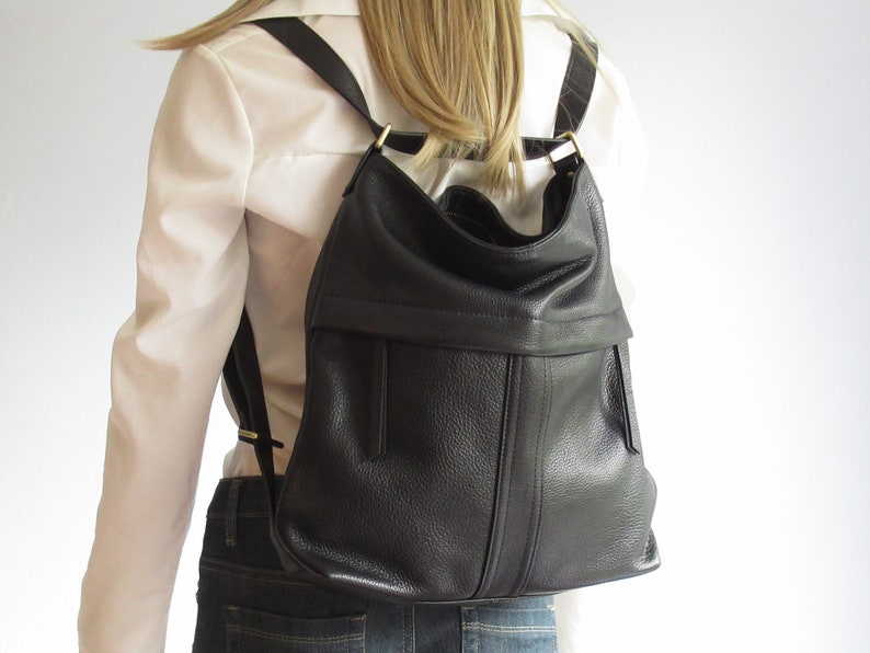 Convertible leather backpack, black shoulder bag with double function image 2