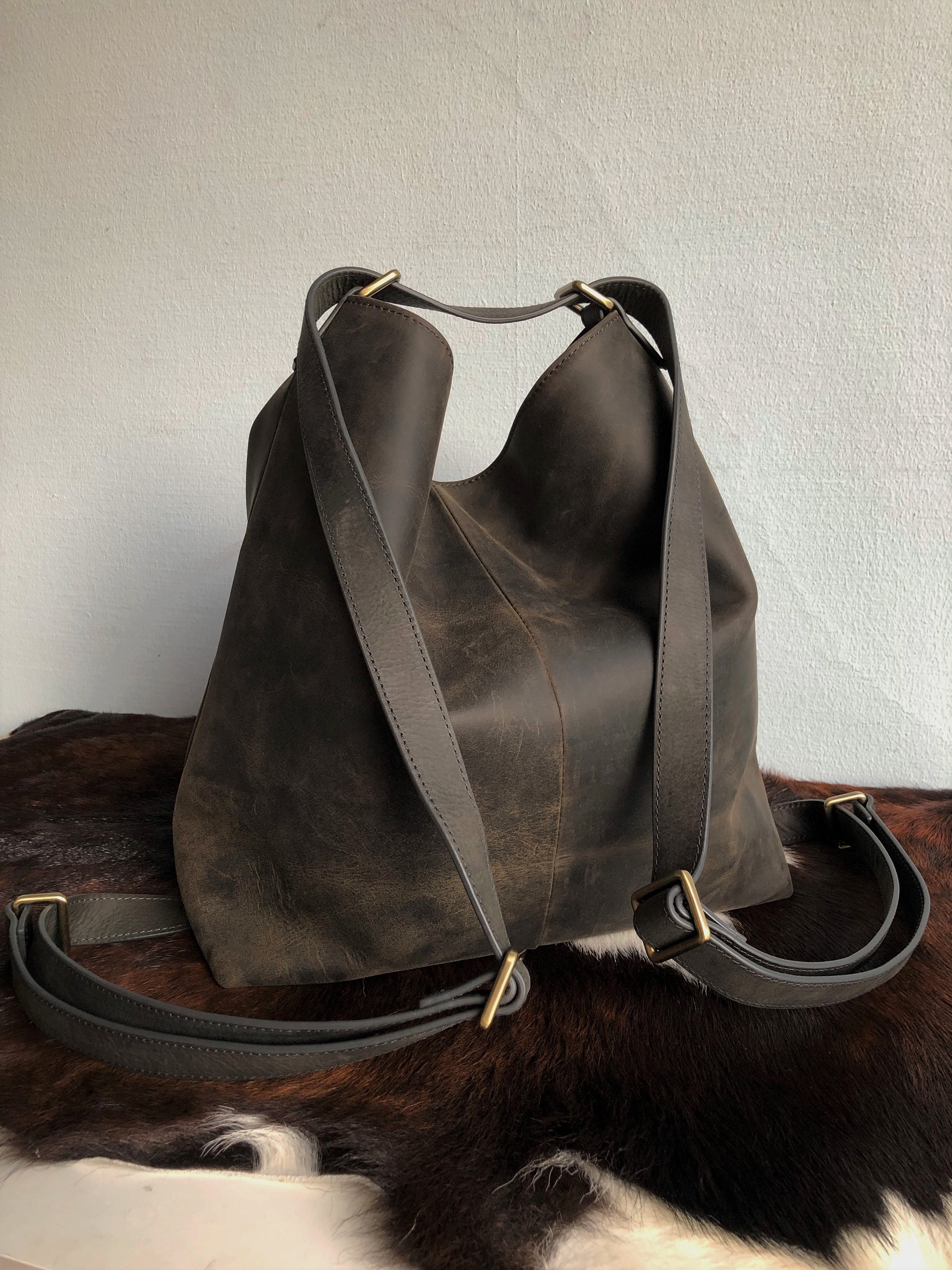 Convertible Backpack Leather Shoulder Bag Black Bag Crossbody